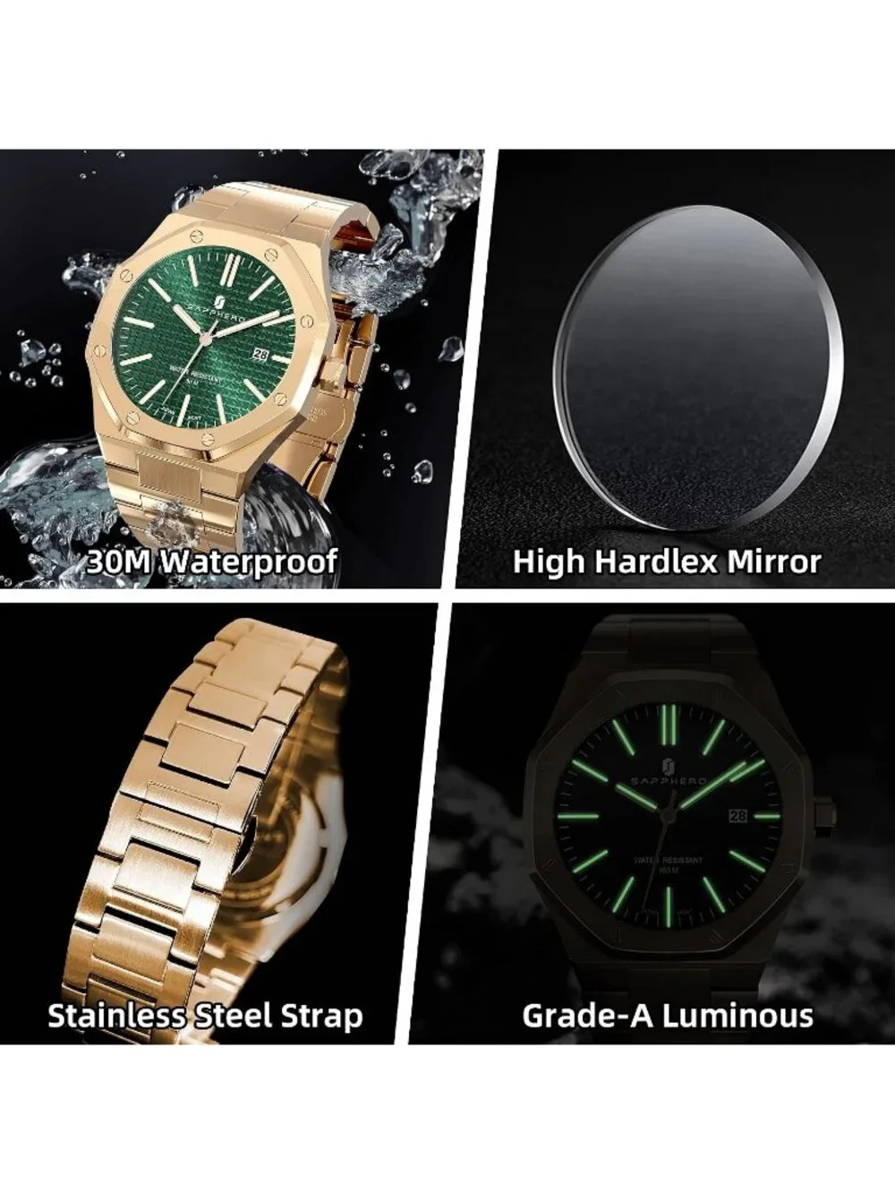 Men's Rose Gold Strap Green Face Stainless Steel Octagonal Date Quartz Watch